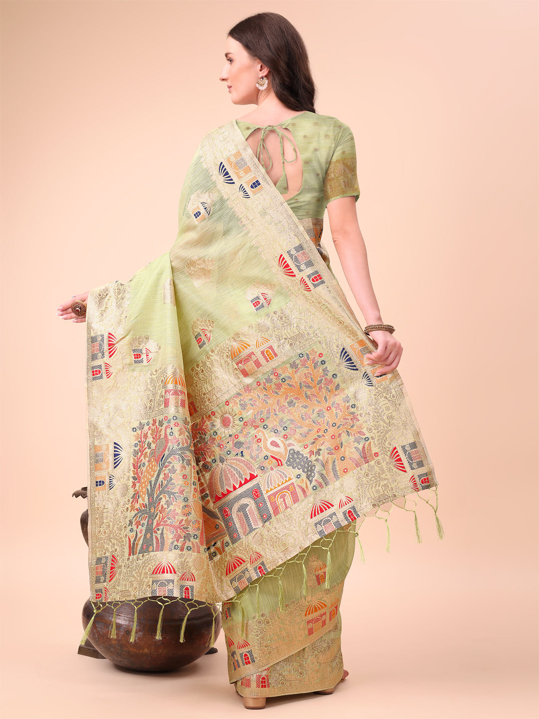Astita Light Green Linen Saree with Multicolor Weaving & Zari Pallu - Elegant & Lightweight for Everyday Grace