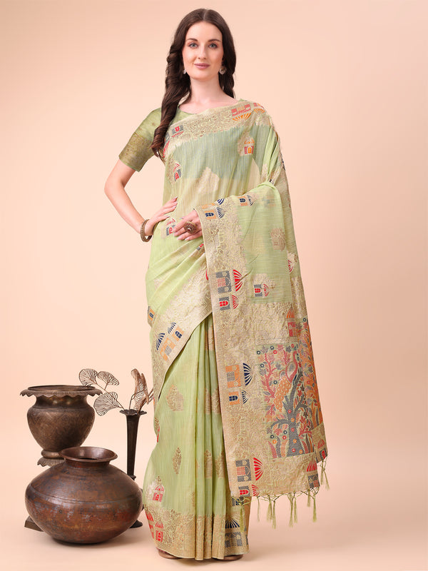 Astita Light Green Linen Saree with Multicolor Weaving & Zari Pallu - Elegant & Lightweight for Everyday Grace