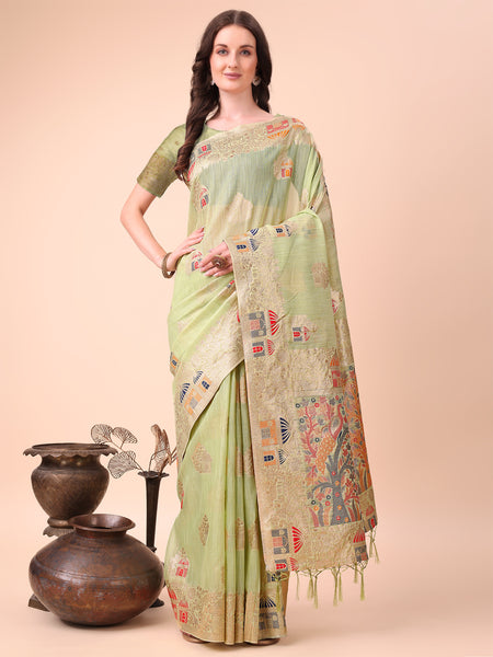 Astita Light Green Linen Saree with Multicolor Weaving & Zari Pallu - Elegant & Lightweight for Everyday Grace