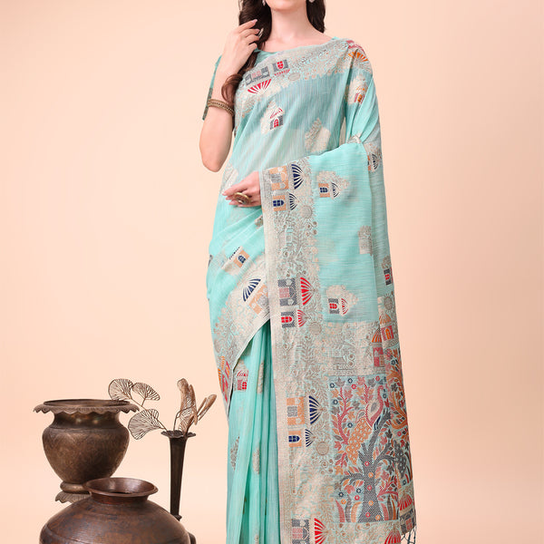 Astita Sky Blue Linen Saree with Multicolor Weaving & Zari Pallu - Elegant & Lightweight for Everyday Grace - Distacart