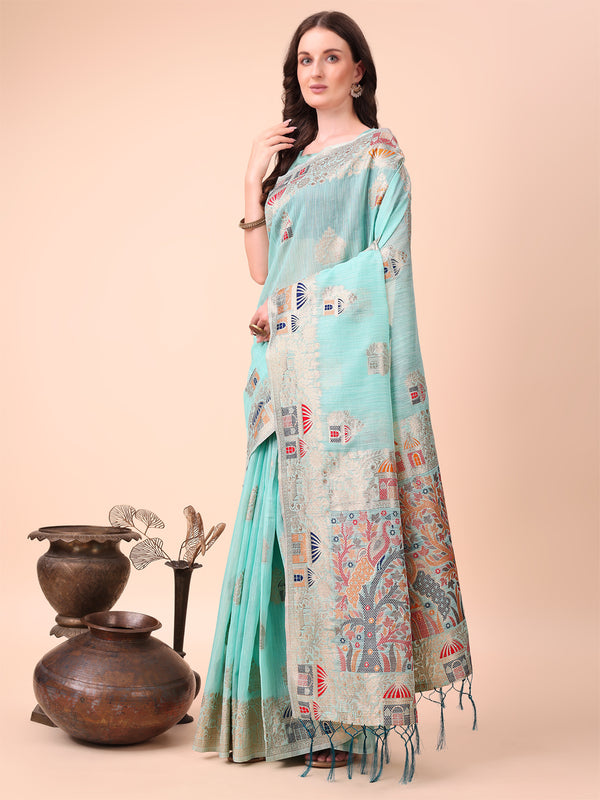 Astita Sky Blue Linen Saree with Multicolor Weaving & Zari Pallu - Elegant & Lightweight for Everyday Grace
