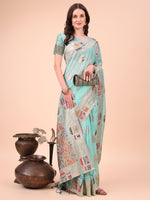 Thumbnail for Astita Sky Blue Linen Saree with Multicolor Weaving & Zari Pallu - Elegant & Lightweight for Everyday Grace