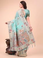 Thumbnail for Astita Sky Blue Linen Saree with Multicolor Weaving & Zari Pallu - Elegant & Lightweight for Everyday Grace