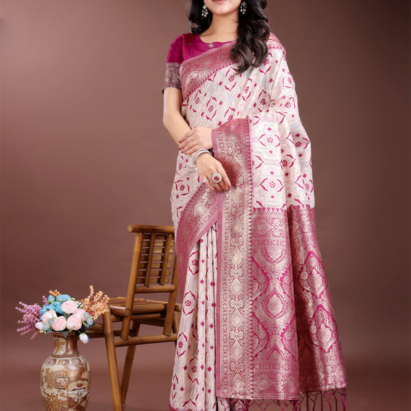 Astita Graceful Cream & Pink Linen Cotton Saree with Rich Zari Pallu - A Touch of Royal Comfort - Distacart