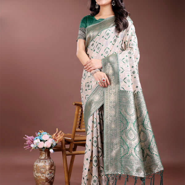 Astita Graceful Cream & Green Linen Cotton Saree with Rich Zari Pallu - A Touch of Royal Comfort - Distacart