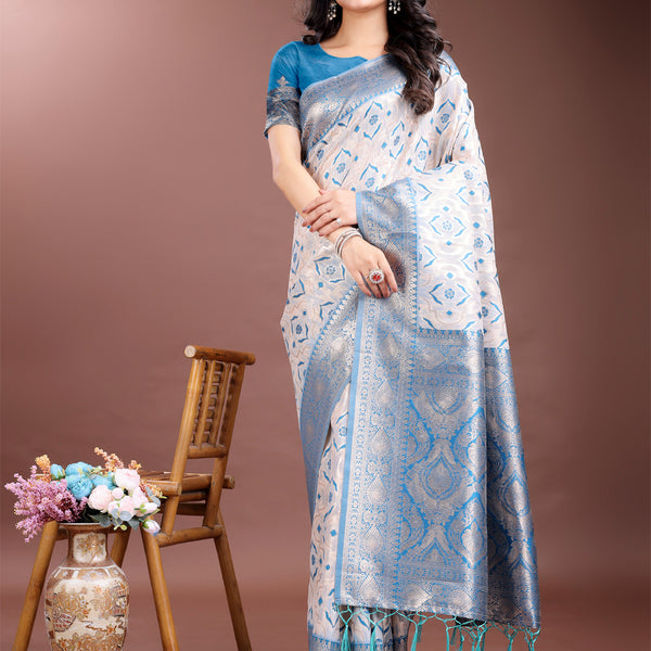 Astita Graceful Cream & Sky Blue Linen Cotton Saree with Rich Zari Pallu - A Touch of Royal Comfort - Distacart