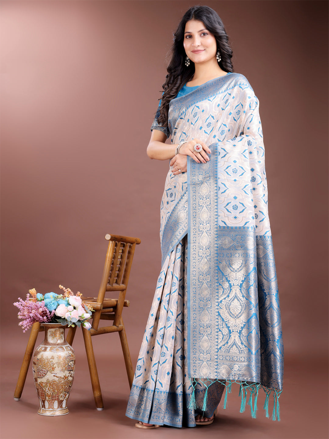 Astita Graceful Cream & Sky Blue Linen Cotton Saree with Rich Zari Pallu - A Touch of Royal Comfort - Distacart