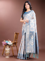 Thumbnail for Astita Graceful Cream & Sky Blue Linen Cotton Saree with Rich Zari Pallu - A Touch of Royal Comfort