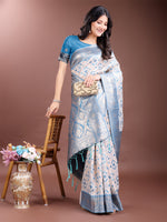 Thumbnail for Astita Graceful Cream & Sky Blue Linen Cotton Saree with Rich Zari Pallu - A Touch of Royal Comfort