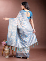 Thumbnail for Astita Graceful Cream & Sky Blue Linen Cotton Saree with Rich Zari Pallu - A Touch of Royal Comfort