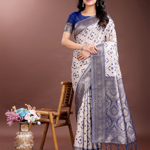 Astita Graceful Cream & Navy Blue Linen Cotton Saree with Rich Zari Pallu - A Touch of Royal Comfort - Distacart