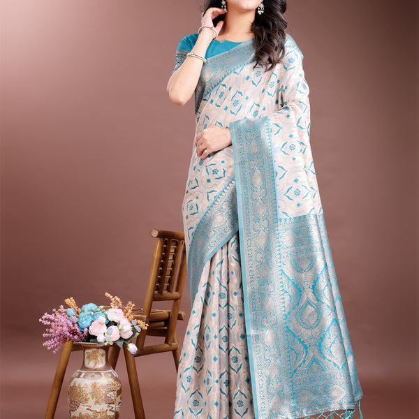 Astita Graceful Cream & Sea Green Linen Cotton Saree with Rich Zari Pallu - A Touch of Royal Comfort - Distacart