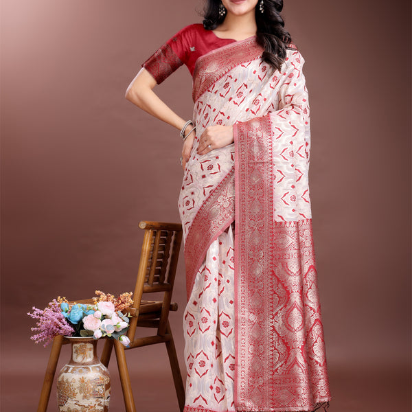 Astita Graceful Cream & Red Linen Cotton Saree with Rich Zari Pallu - A Touch of Royal Comfort - Distacart