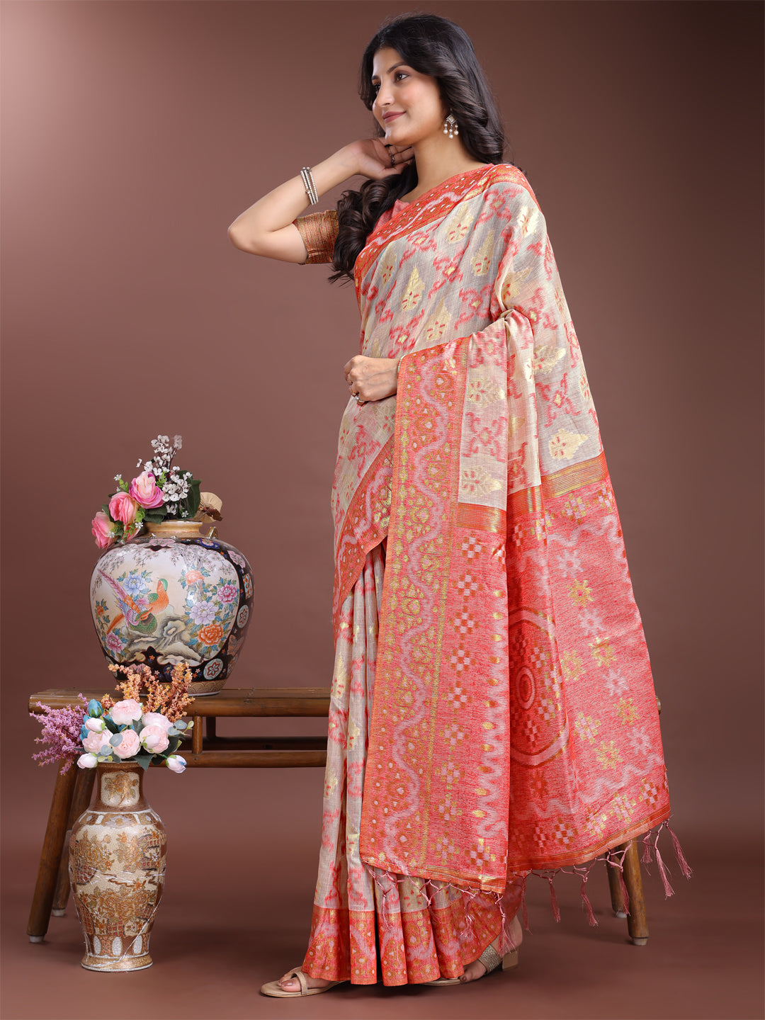 Astita Graceful Beige & Coral Linen Cotton Saree - Lightweight Elegance for Modern Women - Distacart