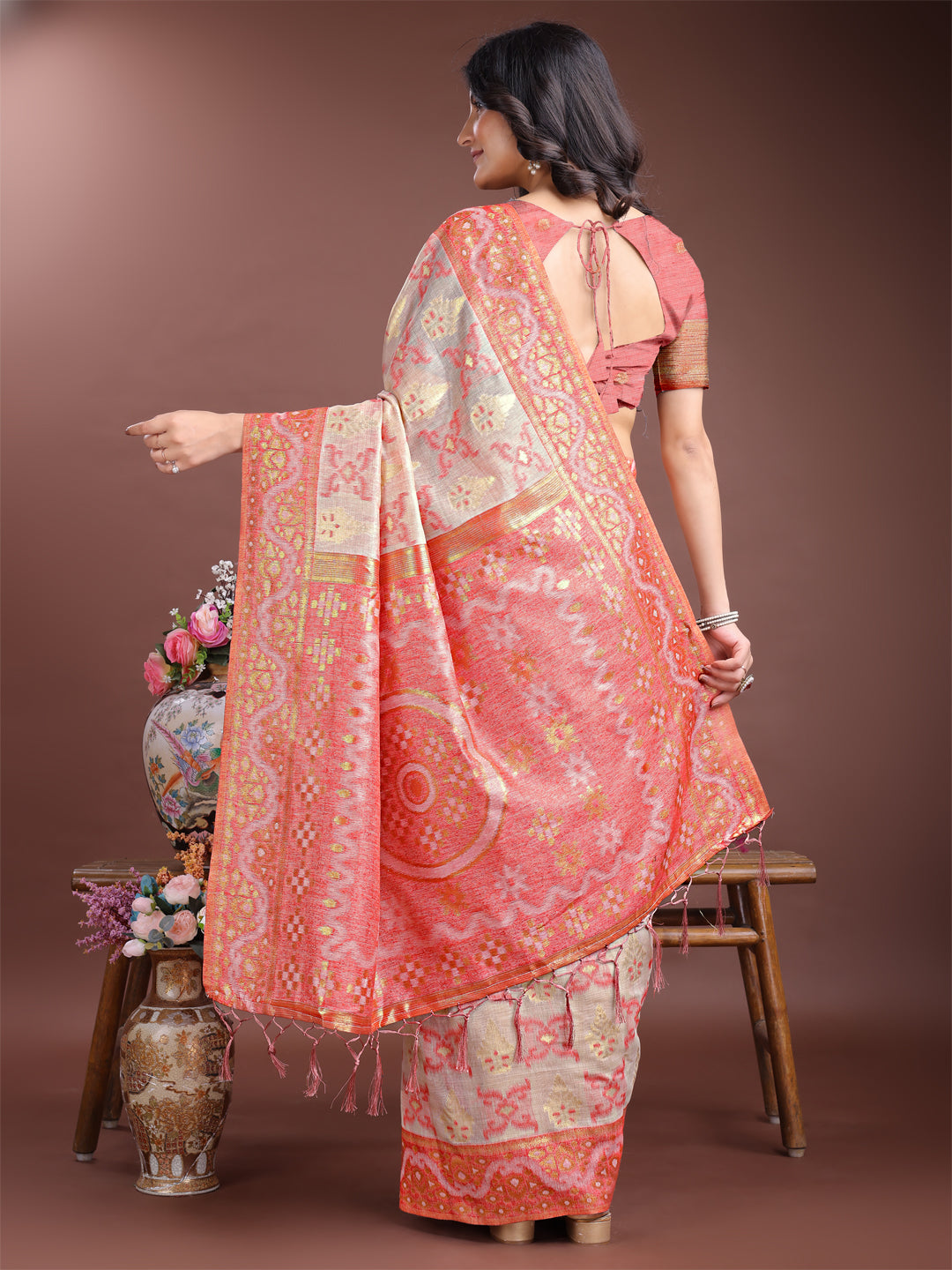 Astita Graceful Beige & Coral Linen Cotton Saree - Lightweight Elegance for Modern Women - Distacart