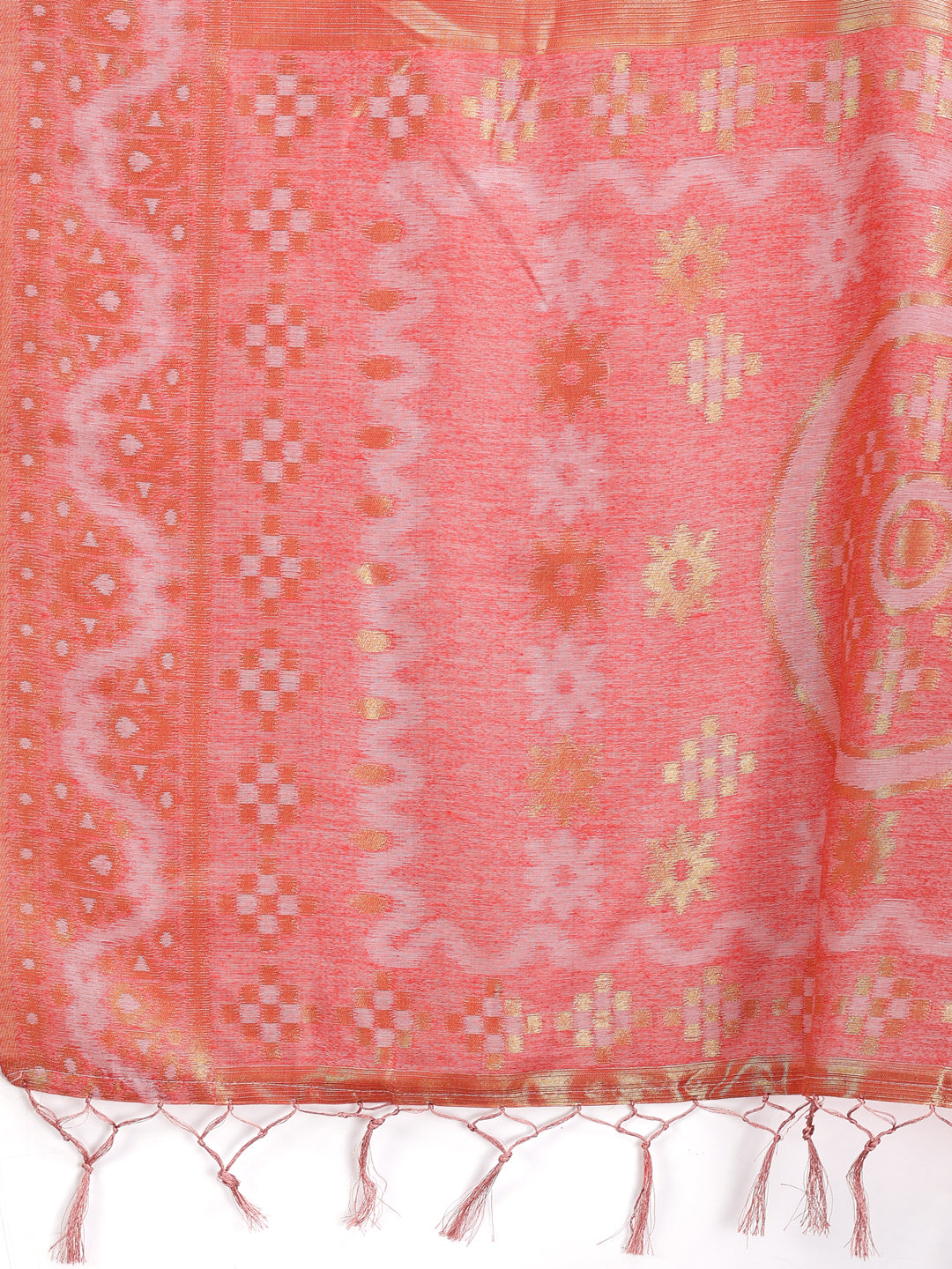 Astita Graceful Beige & Coral Linen Cotton Saree - Lightweight Elegance for Modern Women - Distacart