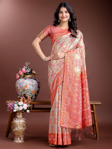 Astita Graceful Beige & Coral Linen Cotton Saree - Lightweight Elegance for Modern Women - Distacart