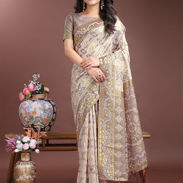 Astita Graceful Beige & Brown Linen Cotton Saree - Lightweight Elegance for Modern Women - Distacart