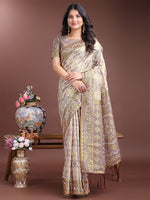 Thumbnail for Astita Graceful Beige & Brown Linen Cotton Saree - Lightweight Elegance for Modern Women