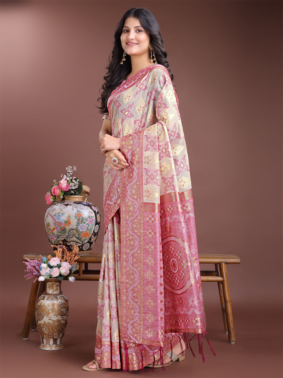 Astita Graceful Beige & Pink Linen Cotton Saree - Lightweight Elegance for Modern Women - Distacart