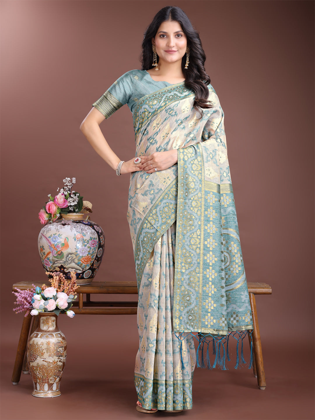 Astita Graceful Beige & Sea Green Linen Cotton Saree - Lightweight Elegance for Modern Women - Distacart