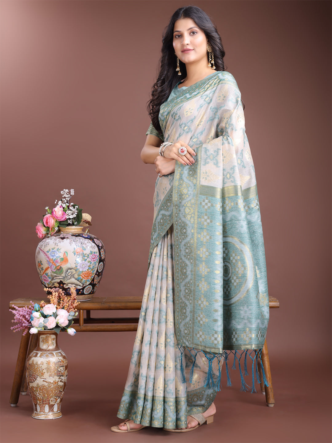 Astita Graceful Beige & Sea Green Linen Cotton Saree - Lightweight Elegance for Modern Women - Distacart