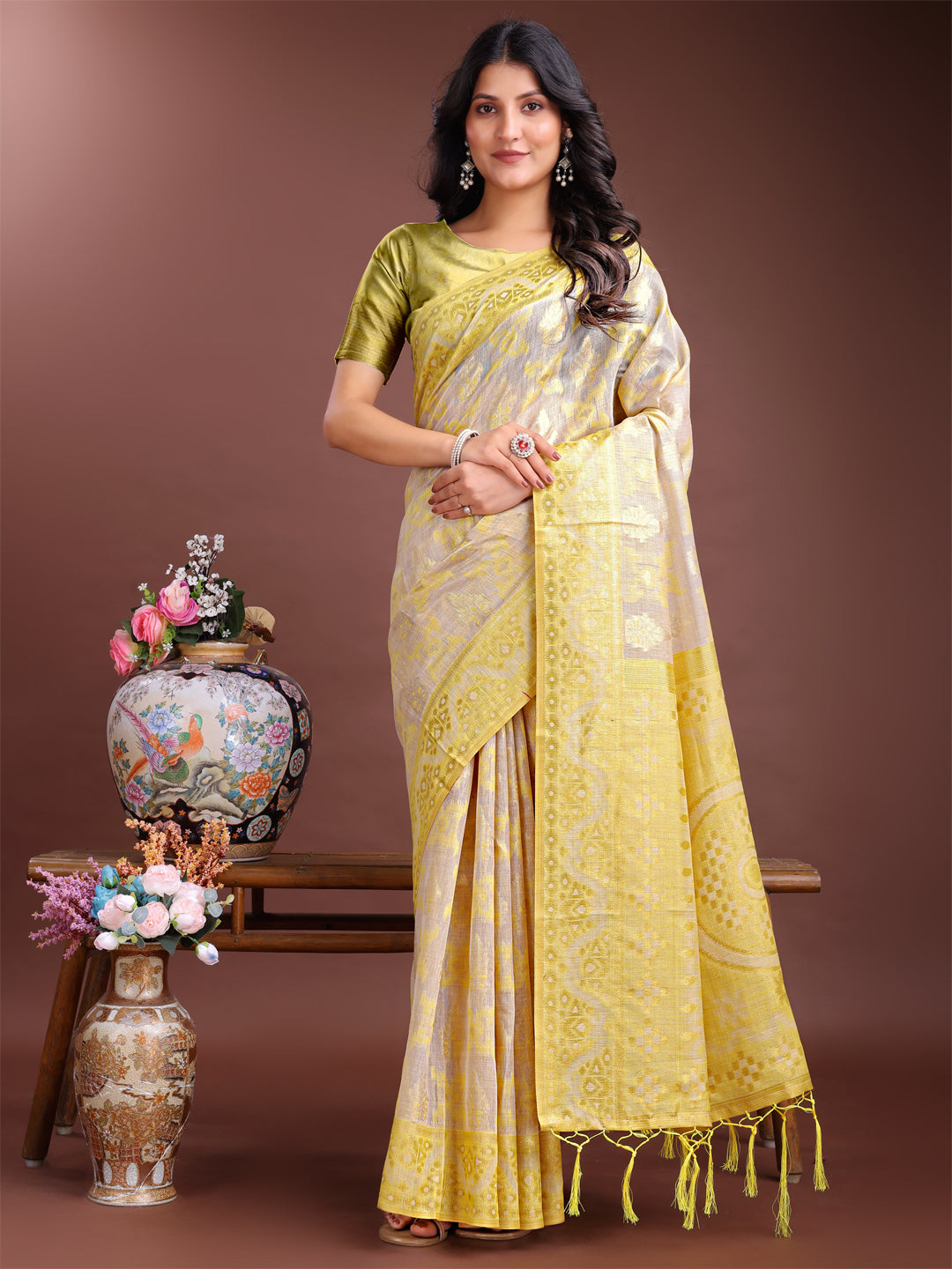 Astita Graceful Beige & Yellow Linen Cotton Saree - Lightweight Elegance for Modern Women - Distacart