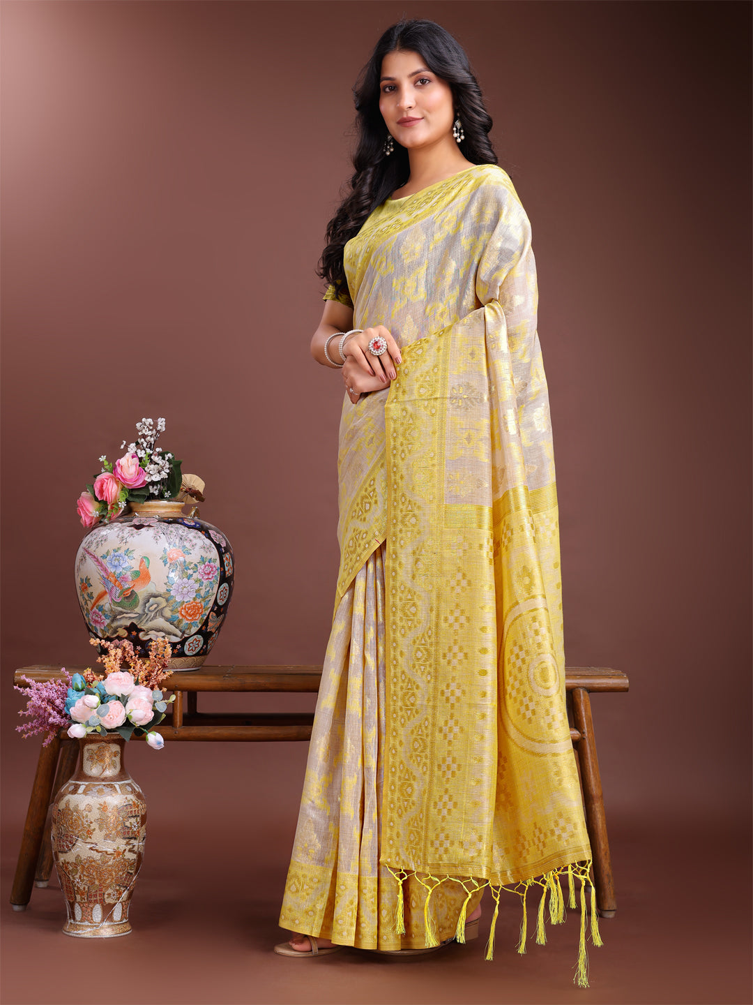 Astita Graceful Beige & Yellow Linen Cotton Saree - Lightweight Elegance for Modern Women - Distacart