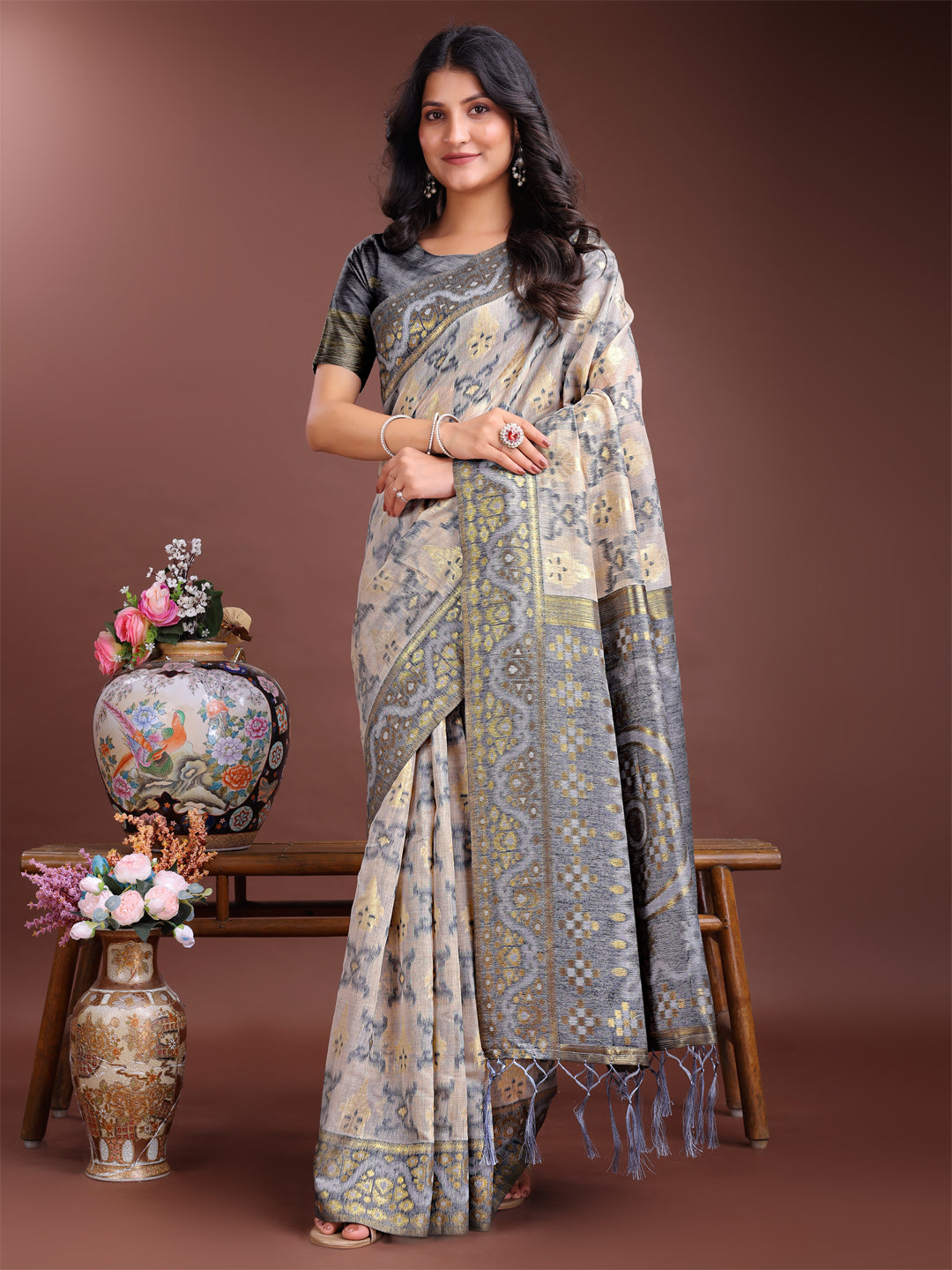 Astita Graceful Beige & Grey Linen Cotton Saree - Lightweight Elegance for Modern Women - Distacart