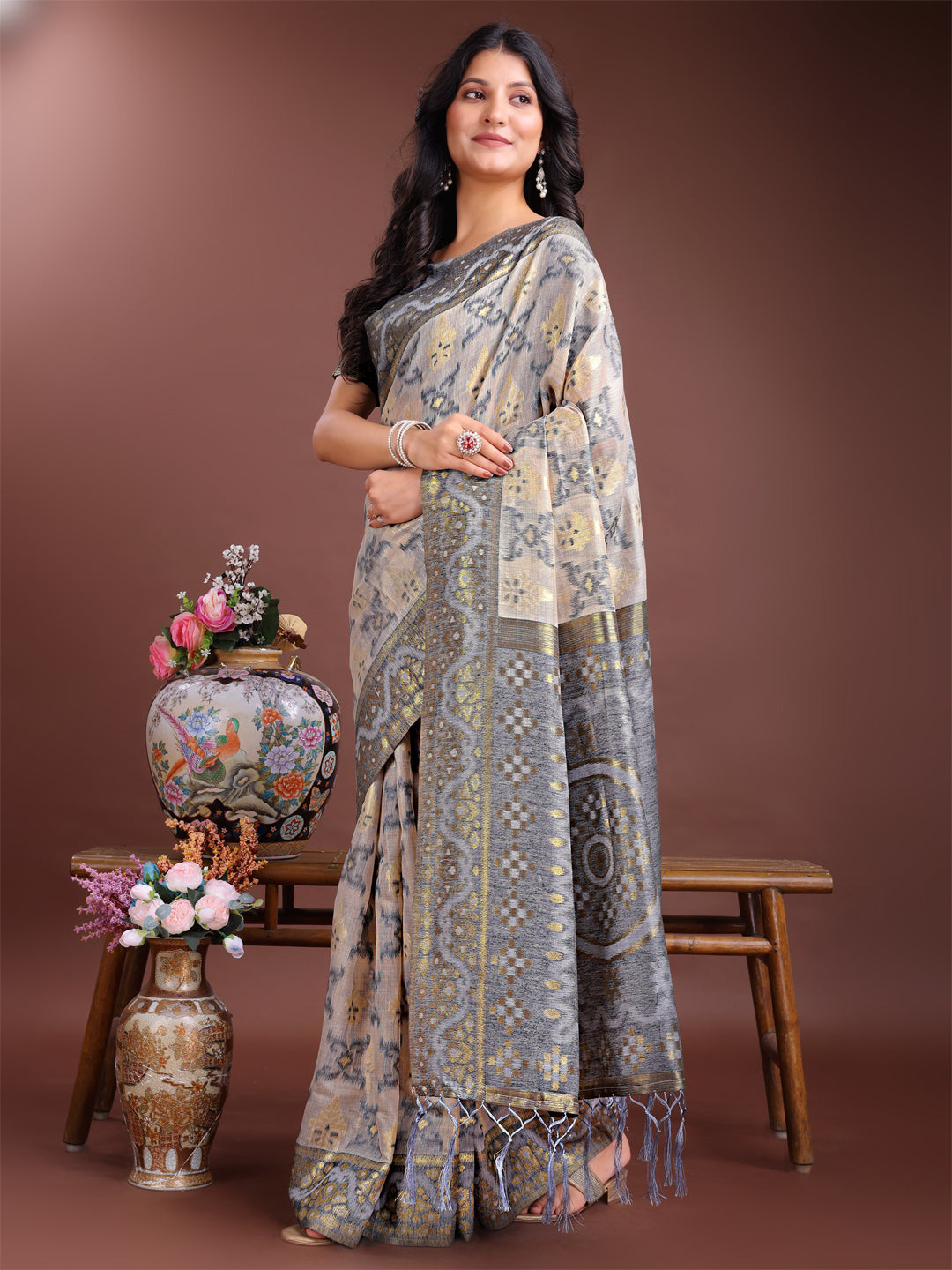 Astita Graceful Beige & Grey Linen Cotton Saree - Lightweight Elegance for Modern Women - Distacart