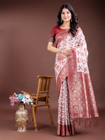 Thumbnail for Astita Maroon Linen Cotton Woven Zari Work Traditional Tassel Saree - Distacart