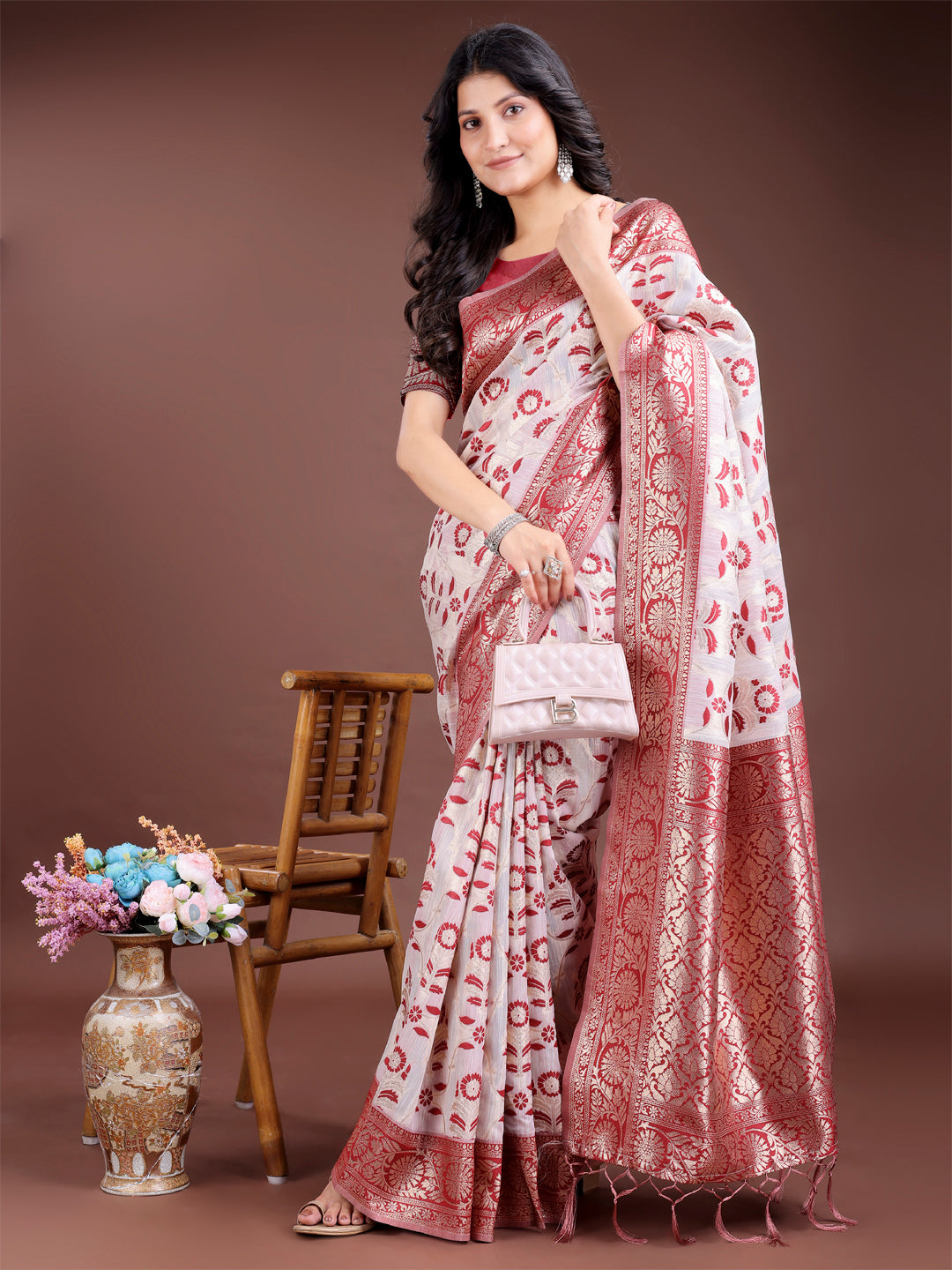 Astita Maroon Linen Cotton Woven Zari Work Traditional Tassel Saree - Distacart