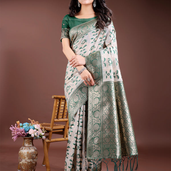 Astita Green Linen Cotton Woven Zari Work Traditional Tassel Saree - Distacart