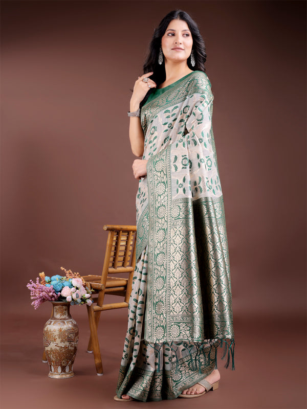 Astita Green Linen Cotton Woven Zari Work Traditional Tassel Saree - Distacart