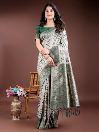 Astita Green Linen Cotton Woven Zari Work Traditional Tassel Saree - Distacart