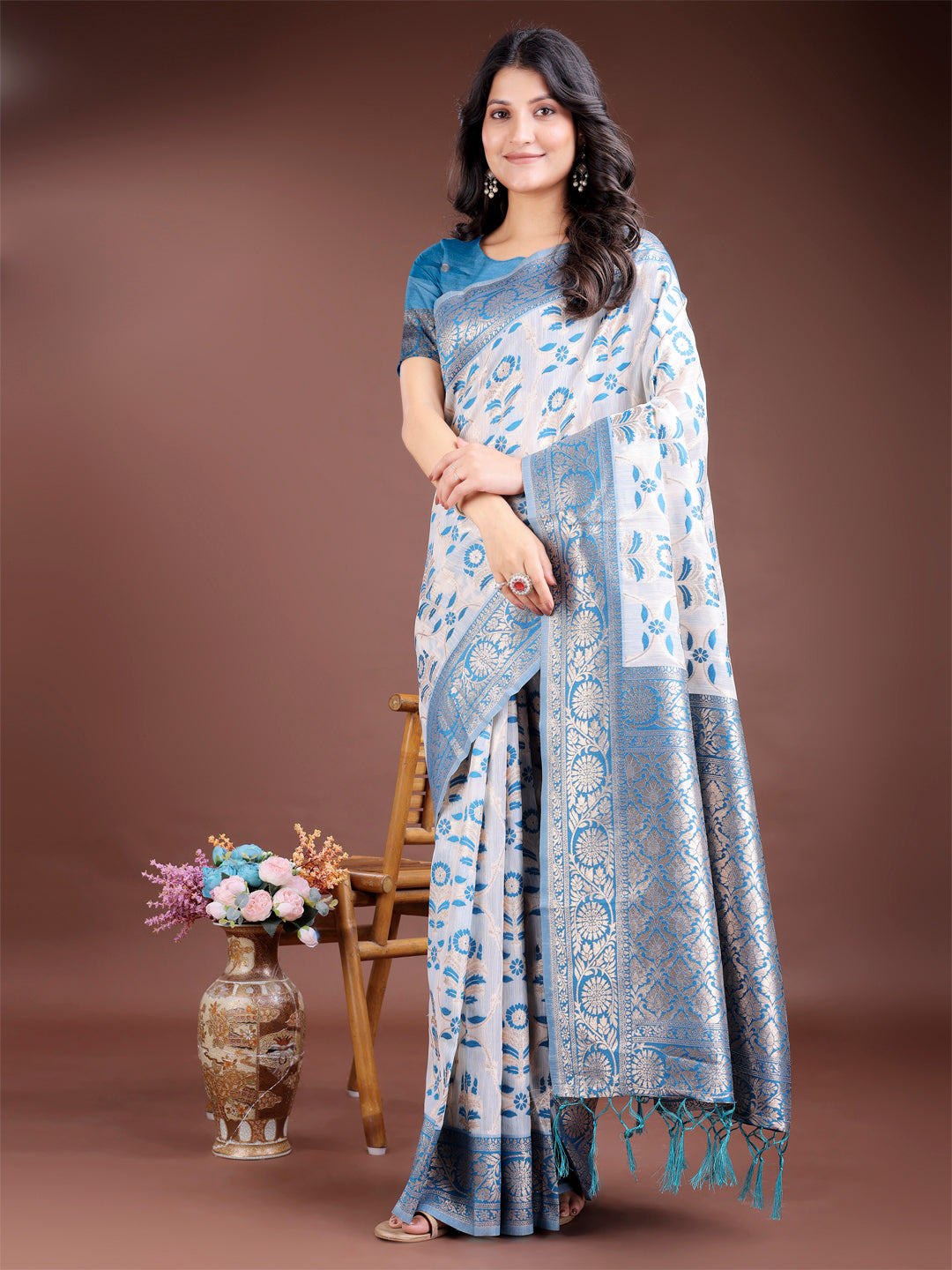 Astita Sky Blue Linen Cotton Woven Zari Work Traditional Tassel Saree - Distacart