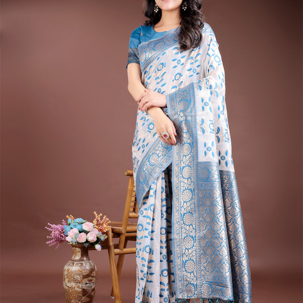 Astita Sky Blue Linen Cotton Woven Zari Work Traditional Tassel Saree - Distacart