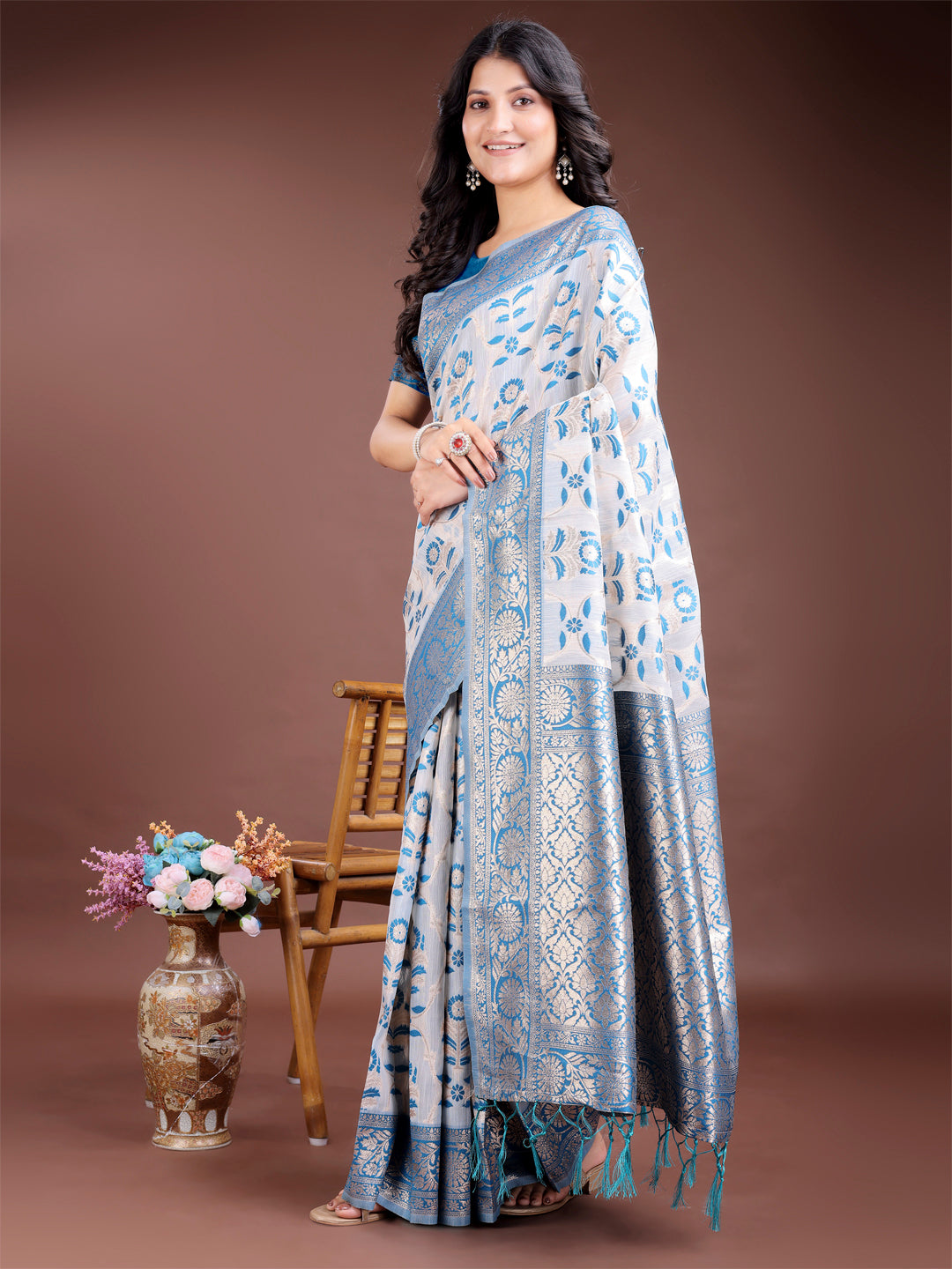 Astita Sky Blue Linen Cotton Woven Zari Work Traditional Tassel Saree - Distacart