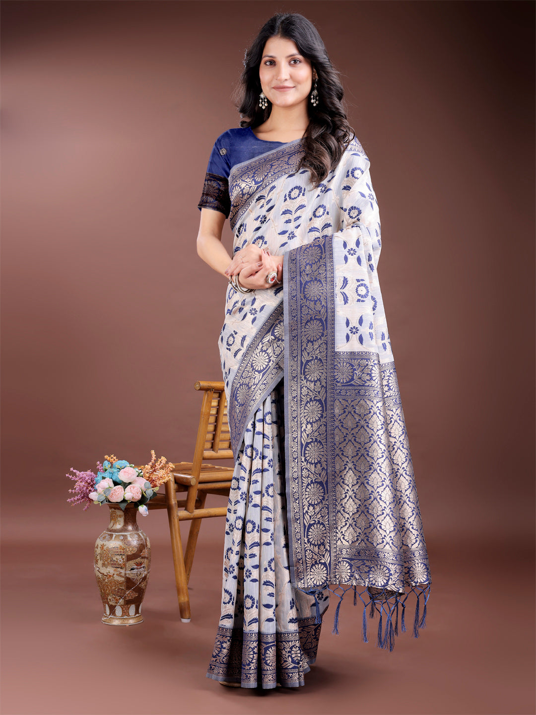 Astita Navy Blue Linen Cotton Woven Zari Work Traditional Tassel Saree - Distacart
