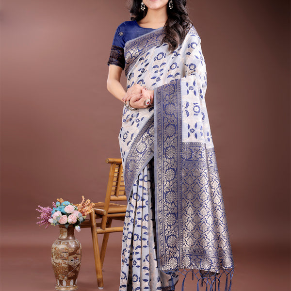 Astita Navy Blue Linen Cotton Woven Zari Work Traditional Tassel Saree - Distacart