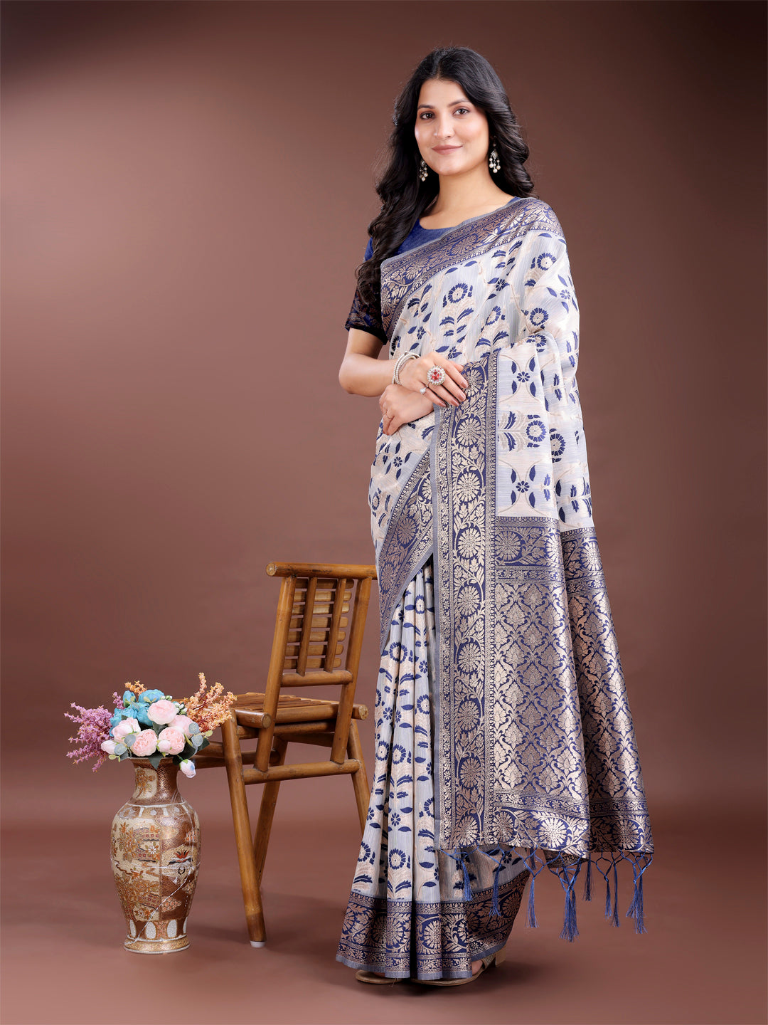 Astita Navy Blue Linen Cotton Woven Zari Work Traditional Tassel Saree - Distacart