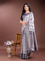 Thumbnail for Astita Navy Blue Linen Cotton Woven Zari Work Traditional Tassel Saree - Distacart