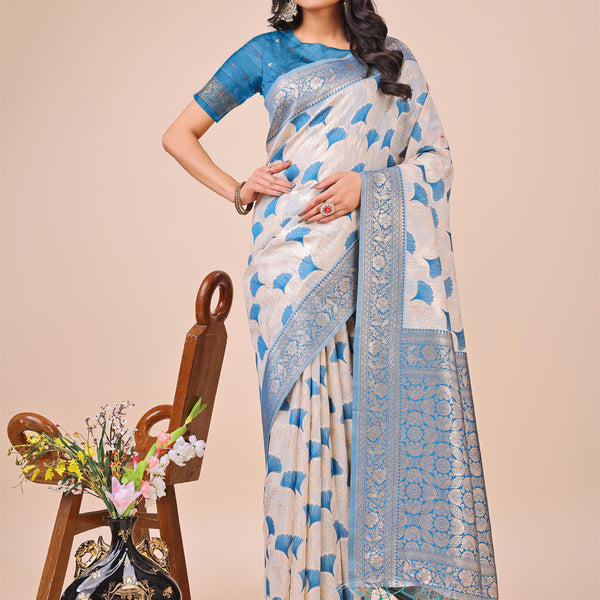 Astita Elegant Off-White & Sky Blue Linen Cotton Saree with Zari Woven Border and Pallu - Soft Lightweight Saree for Daily,Festive & Office Wear - Distacart