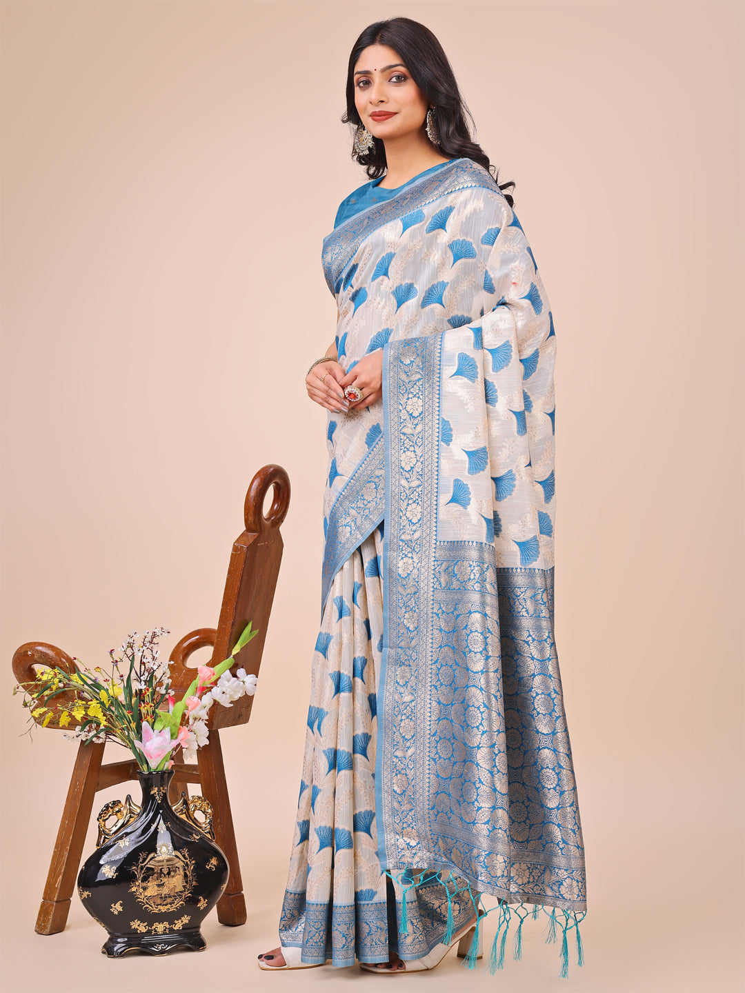 Astita Elegant Off-White & Sky Blue Linen Cotton Saree with Zari Woven Border and Pallu - Soft Lightweight Saree for Daily,Festive & Office Wear - Distacart