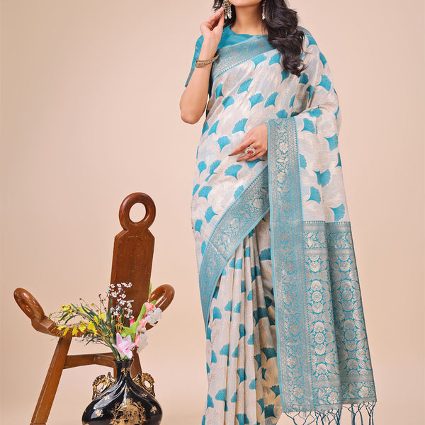 Astita Elegant Off-White & Teal Linen Cotton Saree with Zari Woven Border and Pallu - Soft Lightweight Saree for Daily,Festive & Office Wear - Distacart