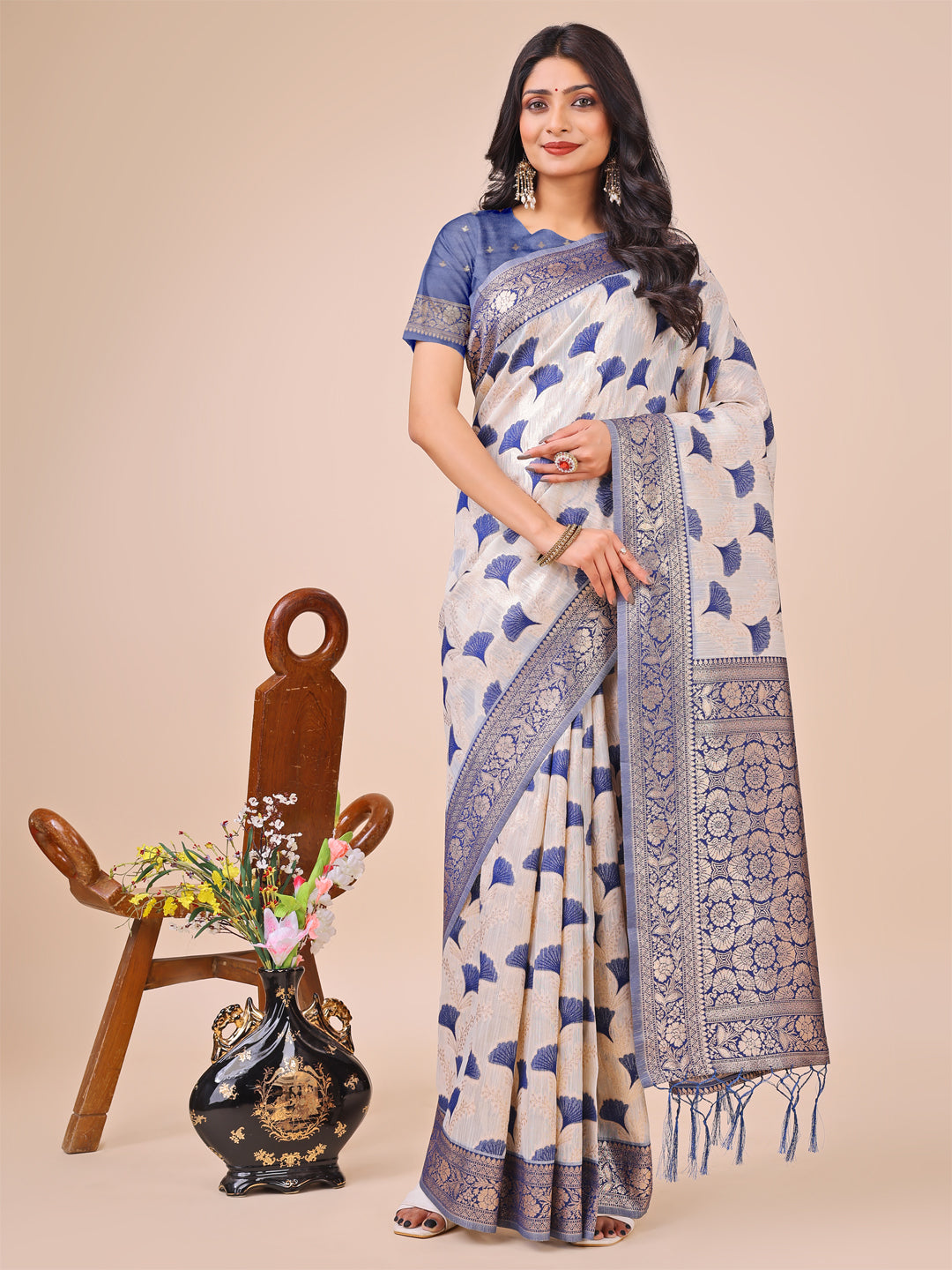 Astita Elegant Off-White & Blue Linen Cotton Saree with Zari Woven Border and Pallu - Soft Lightweight Saree for Daily,Festive & Office Wear - Distacart