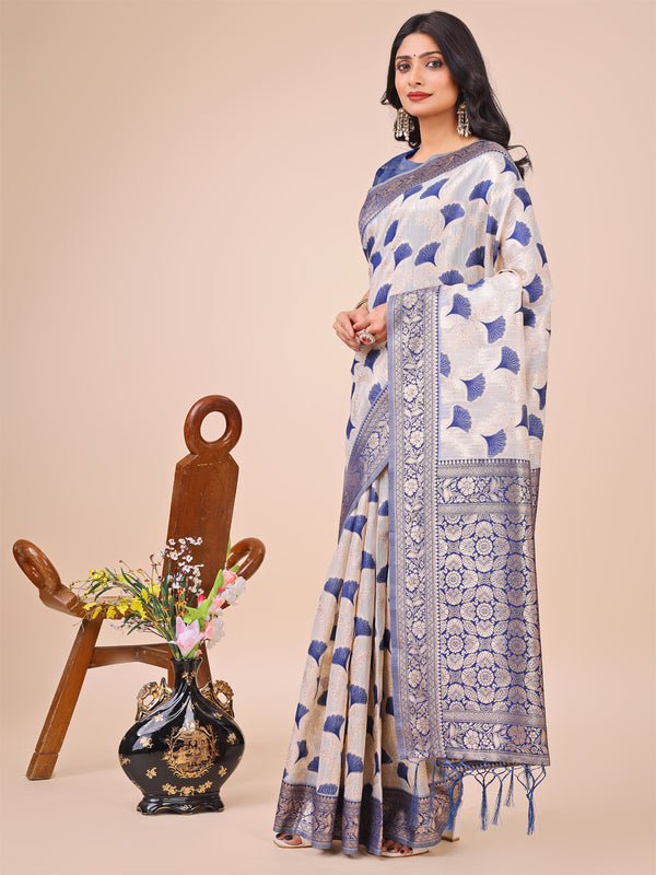 Astita Elegant Off-White & Blue Linen Cotton Saree with Zari Woven Border and Pallu - Soft Lightweight Saree for Daily,Festive & Office Wear - Distacart