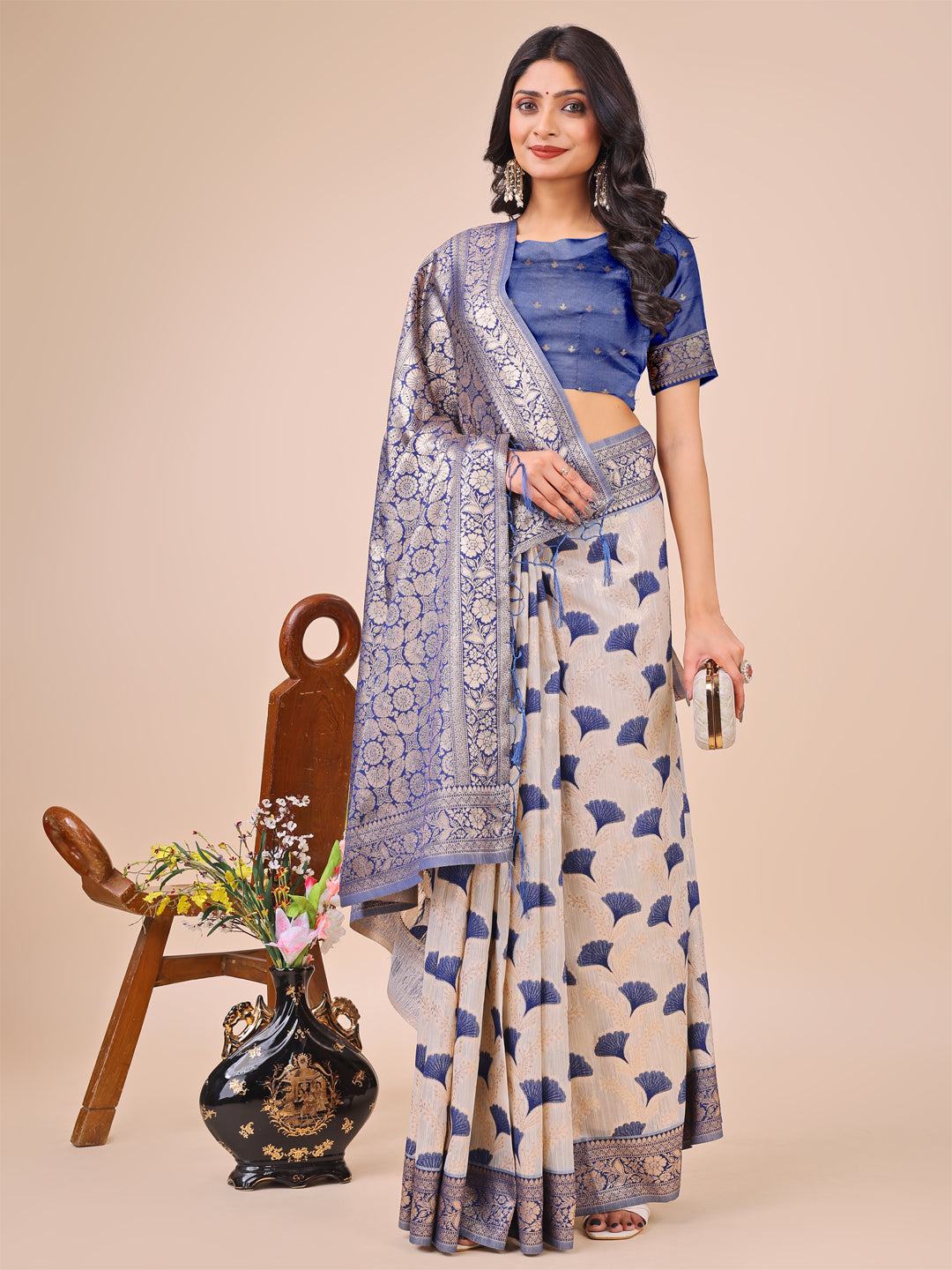 Astita Elegant Off-White & Blue Linen Cotton Saree with Zari Woven Border and Pallu - Soft Lightweight Saree for Daily,Festive & Office Wear - Distacart