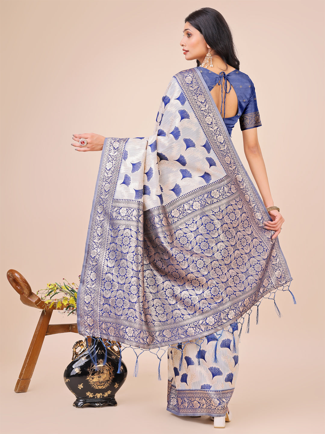 Astita Elegant Off-White & Blue Linen Cotton Saree with Zari Woven Border and Pallu - Soft Lightweight Saree for Daily,Festive & Office Wear - Distacart