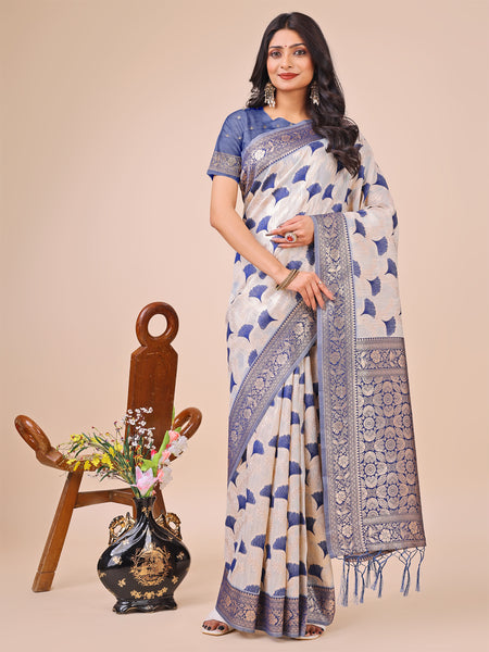 Astita Elegant Off-White & Blue Linen Cotton Saree with Zari Woven Border and Pallu - Soft Lightweight Saree for Daily,Festive & Office Wear - Distacart